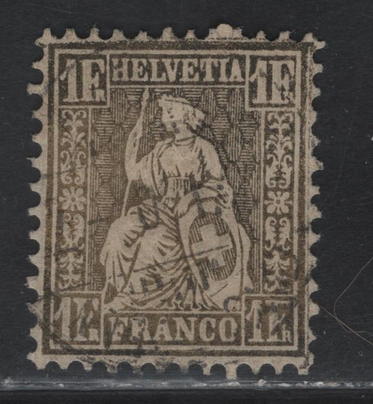Lot 21 Switzerland SC#50a 1fr Yellow Bronze Seated Helvetia, 1862-1864 Seated Helvetia Issue, A Very Fine Used Single, Beautifully Centered, Lightly Cancelled Example