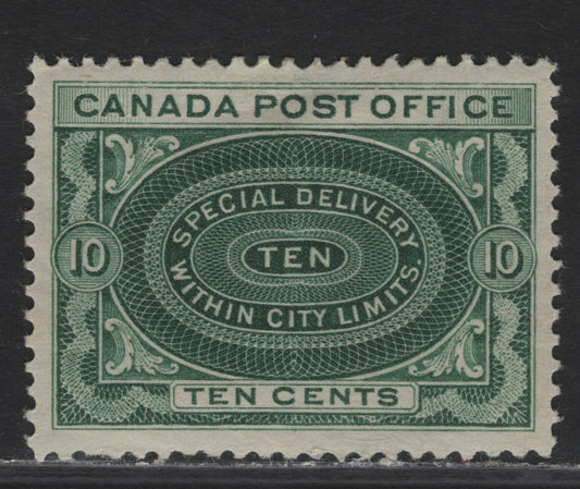 Lot 212 (C) Canada #E1ii 10c Dark Green Special Delivery, 1898 Special Delivery Issue, A FOG Single, Paper ABN-L, Perf 11.9x12, No Shading In Value Tablet.