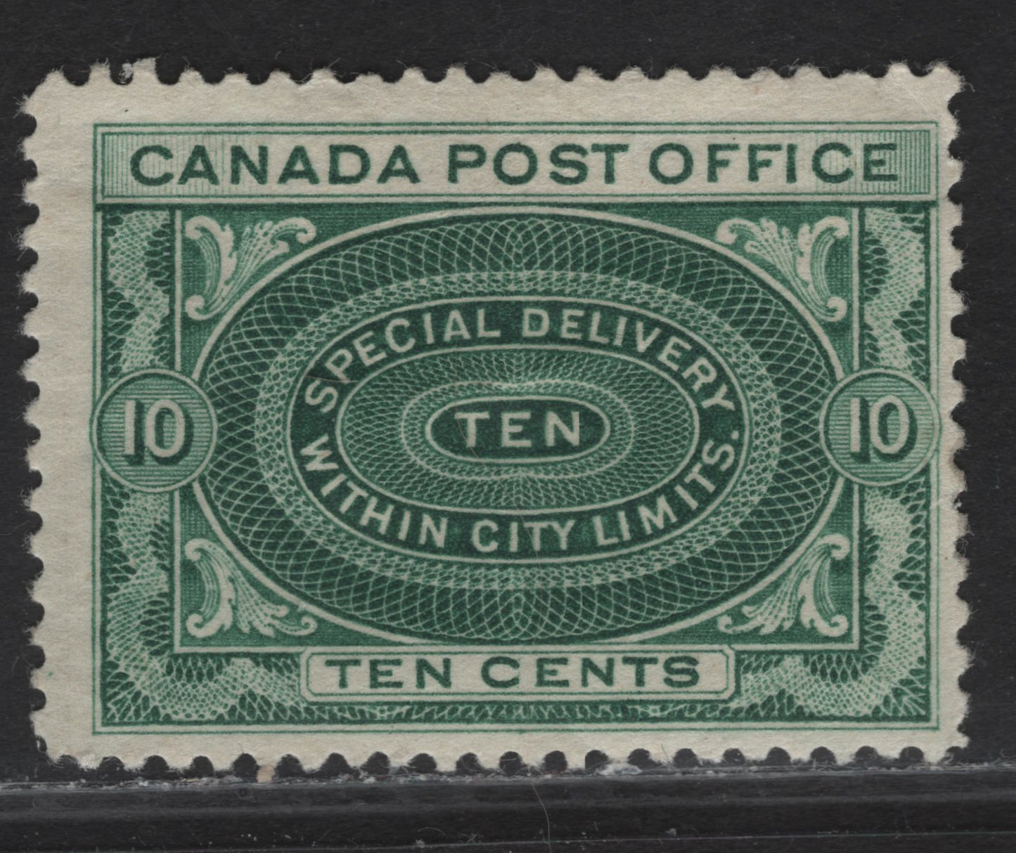 Lot 213 (C) Canada #E1ii 10c Deep Green Special Delivery, 1898 Special Delivery Issue, A VGOG Single, Paper ABN-W, No Shading In Value Tablet, Adjustment For Small Corner Crease At UR.