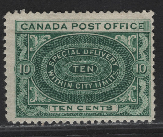 Lot 213 (C) Canada #E1ii 10c Deep Green Special Delivery, 1898 Special Delivery Issue, A VGOG Single, Paper ABN-W, No Shading In Value Tablet, Adjustment For Small Corner Crease At UR.