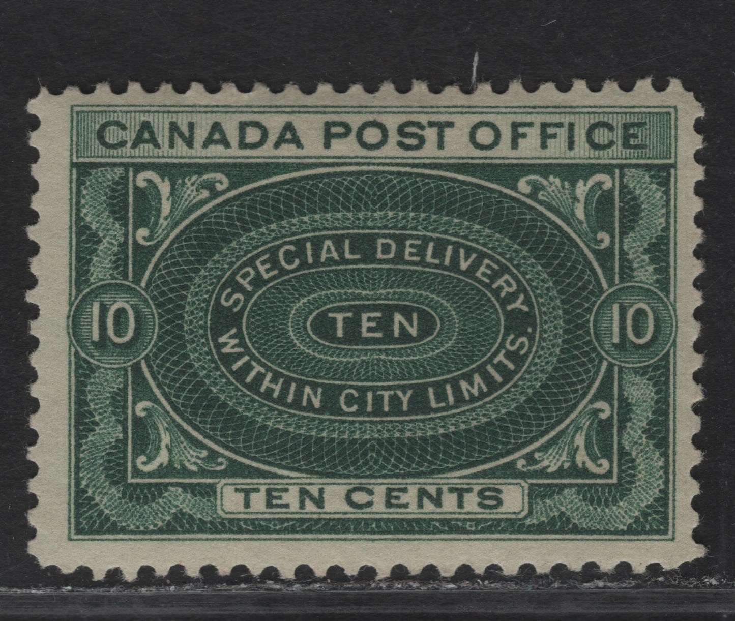 Lot 214 (C) Canada #E1iv 10c Very Deep Green Special Delivery, 1898 Special Delivery Issue, A FOG Single, Paper ABN-WW, Perf 11.9x12