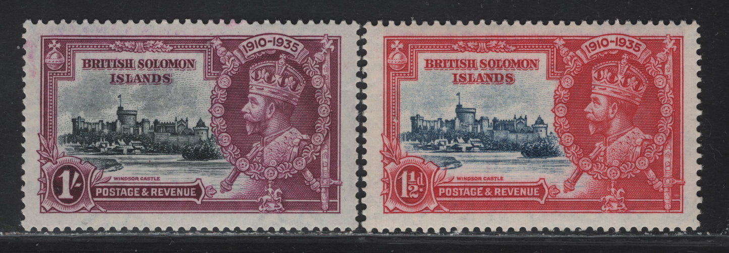 Lot 216 (C) British Solomon Islands SG#53, 56 1.5d - 1/- Dull Blue & Carmine - Slate & Bright Purple KGV & Windsor Castle, 1935 Silver Jubilee Issue, 2 VFNH Singles