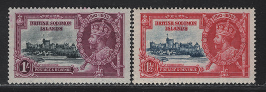 Lot 216 (C) British Solomon Islands SG#53, 56 1.5d - 1/- Dull Blue & Carmine - Slate & Bright Purple KGV & Windsor Castle, 1935 Silver Jubilee Issue, 2 VFNH Singles