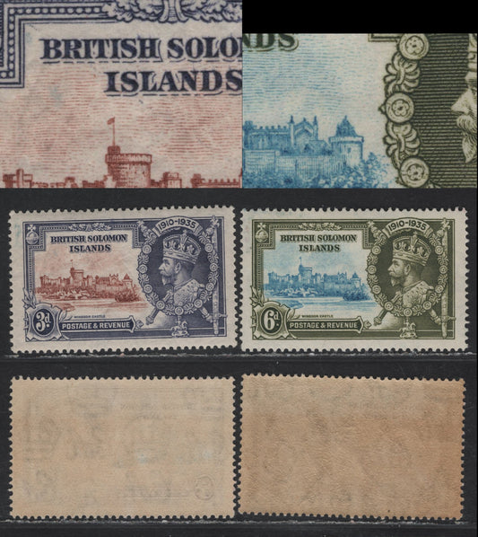 Lot 217 (C) British Solomon Islands SG#54var, 55var 3d - 6d Chalky Blue & Pale Red Brown - Light Blue & Olive Green KGV & Windsor Castle, 1935 Silver Jubilee Issue, 2 VFNH Singles, Showing Unlisted Plate Varieties Involving The Frame & Vignette Plates