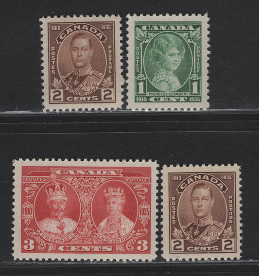 Lot 218 Canada #211-213 1c - 3c Green - Carmine Princess Elizabeth - KGV & Queen Mary, 1935 Silver Jubilee Issue, 4 VFNH Singles, Different Perfs, Papers & Gums