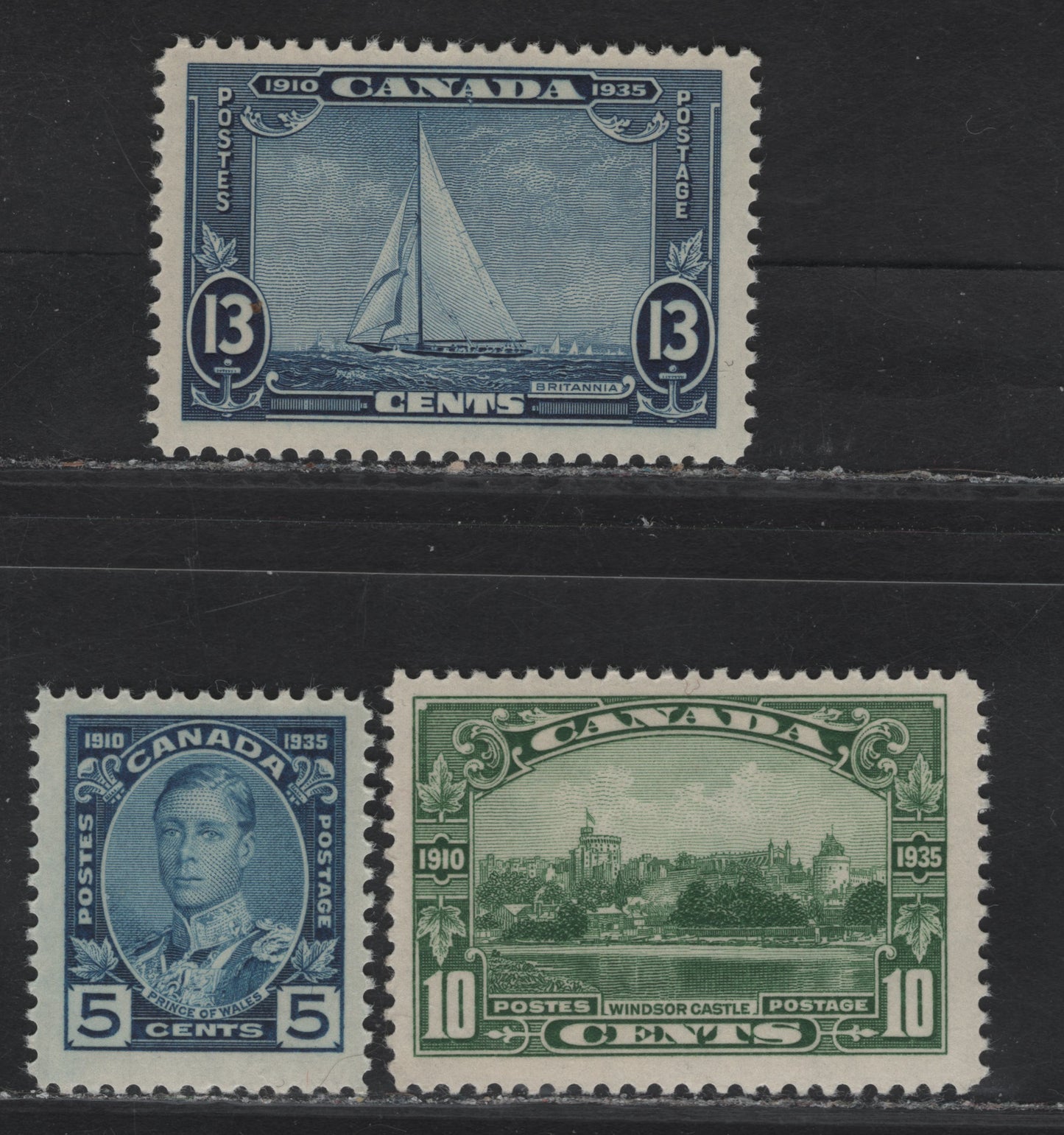Lot 219 Canada #214-216 5c - 13c Deep Blue - Dark Blue Prince of Wales - Royal Yacht Britannica, 1935 Silver Jubilee Issue, 3 FNH Singles, Different Perfs, Papers & Gums