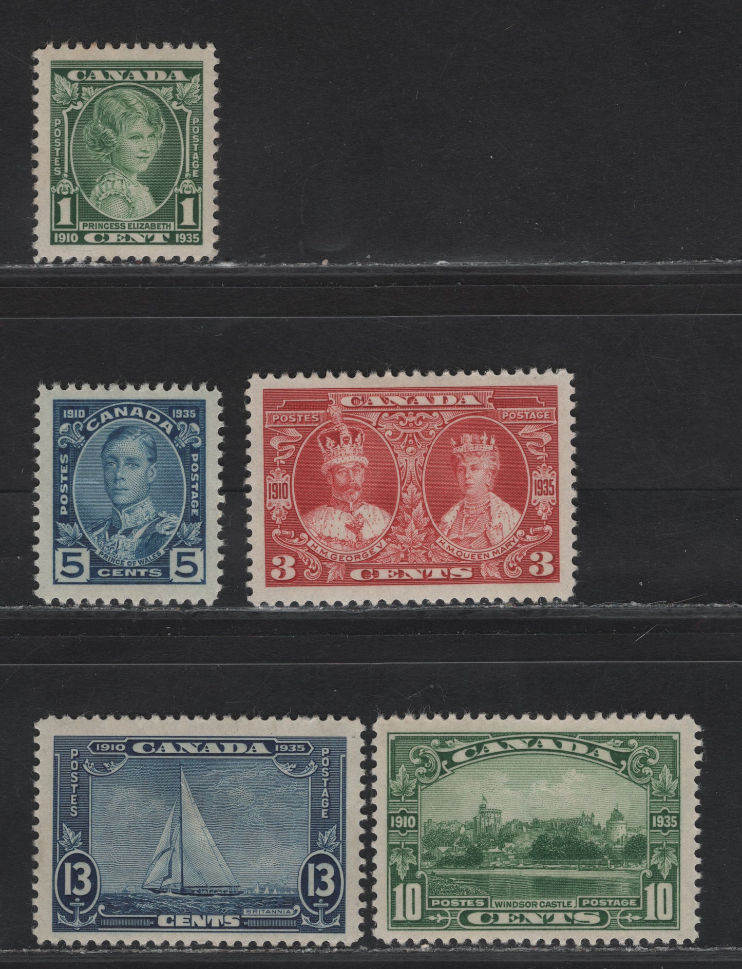 Lot 220 Canada #211, 213-216 1c - 13c Green - Dark Blue Princess Elizabeth - Royal Yacht, 1935 Silver Jubilee Issue, 5 F/VFNH Singles, Nearly Complete Fine/Very Fine Hinged Set, Various Perfs & Perfs