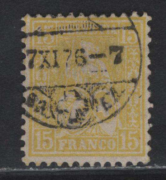 Lot 22 Switzerland SC#54 15c Lemon Seated Helvetia, 1867-1878 Seated Helvetia Issue, A Fine Used Single, Cancel Is Dated June 7 1876, Which is Within Period Of Usuage