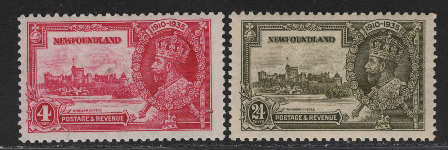 Lot 222 Newfoundland #226, 229 4c - 24c Bright Rose & Olive Green KGV & Windsor Castle, 1935 Silver Jubilee Issue, 2 F/VFNH Singles