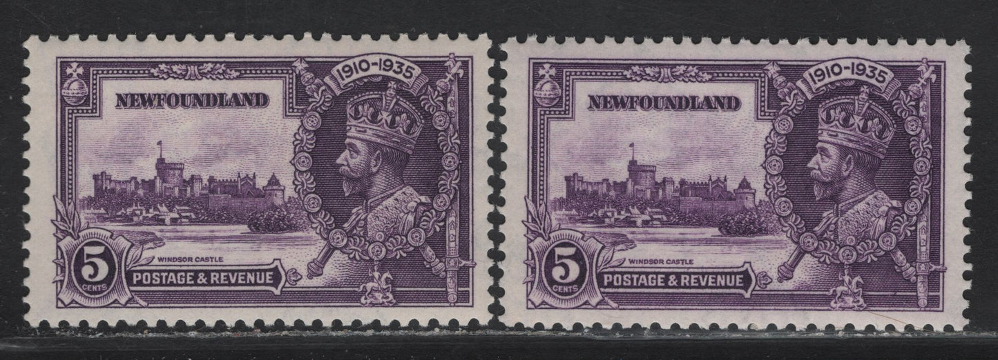 Lot 223 Newfoundland #227 5c Violet & Deep Violet KGV & Windsor Castle, 1935 Silver Jubilee Issue, 2 VFNH Singles