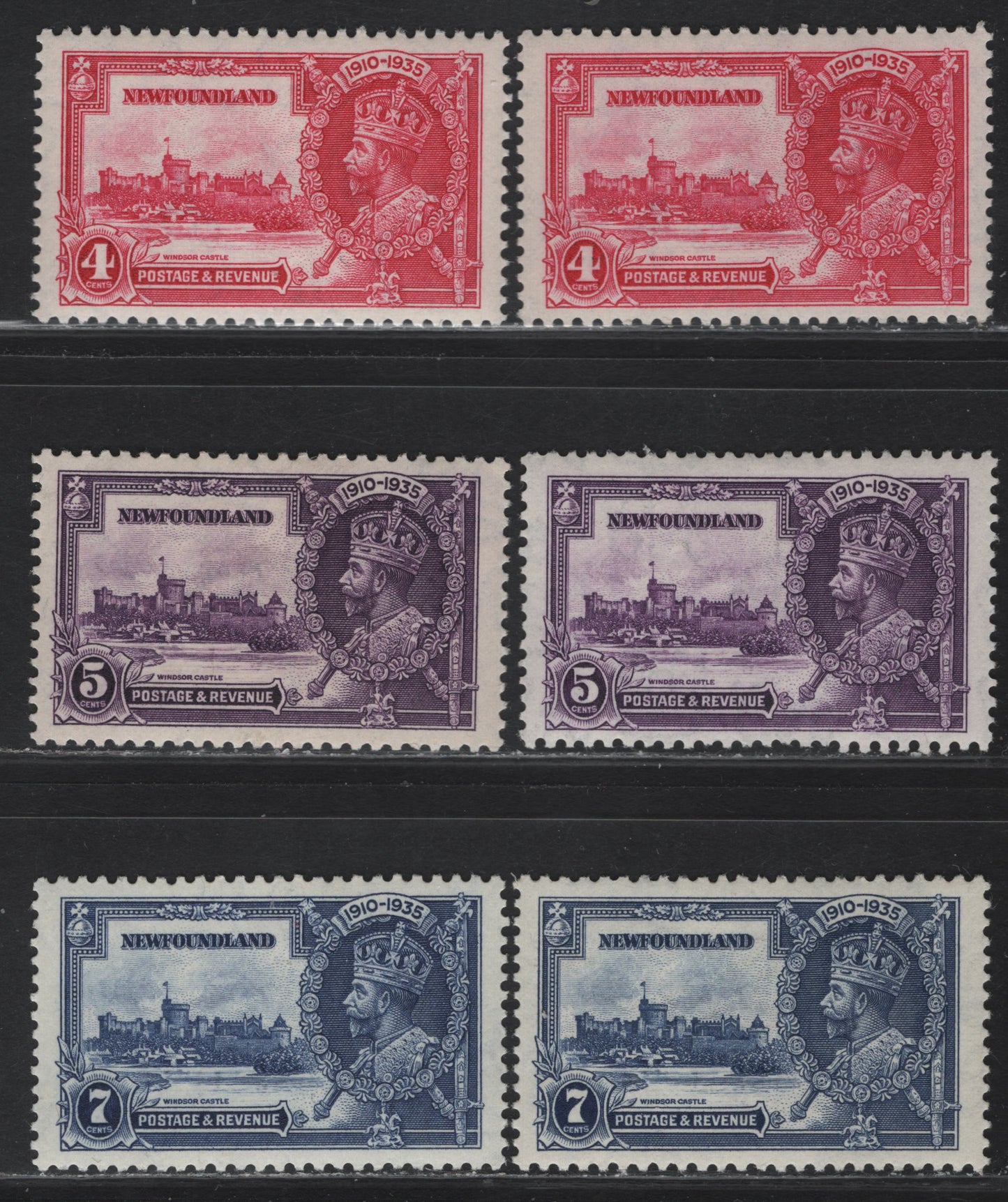 Lot 224 Newfoundland #226-228 4c - 7c Bright Rose - Dark Blue KGV & Windsor Castle, 1935 Silver Jubilee Issue, 6 VFOG Singles, Two Shades Of Each