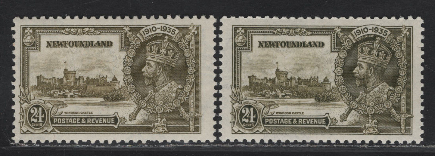 Lot 225 Newfoundland #229 24c Olive Green & Yellowish Olive KGV & Windsor Castle, 1935 Silver Jubilee Issue, 2 F/VFOG Singles