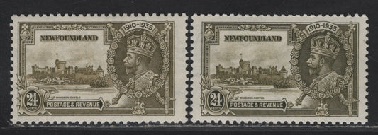 Lot 225 Newfoundland #229 24c Olive Green & Yellowish Olive KGV & Windsor Castle, 1935 Silver Jubilee Issue, 2 F/VFOG Singles