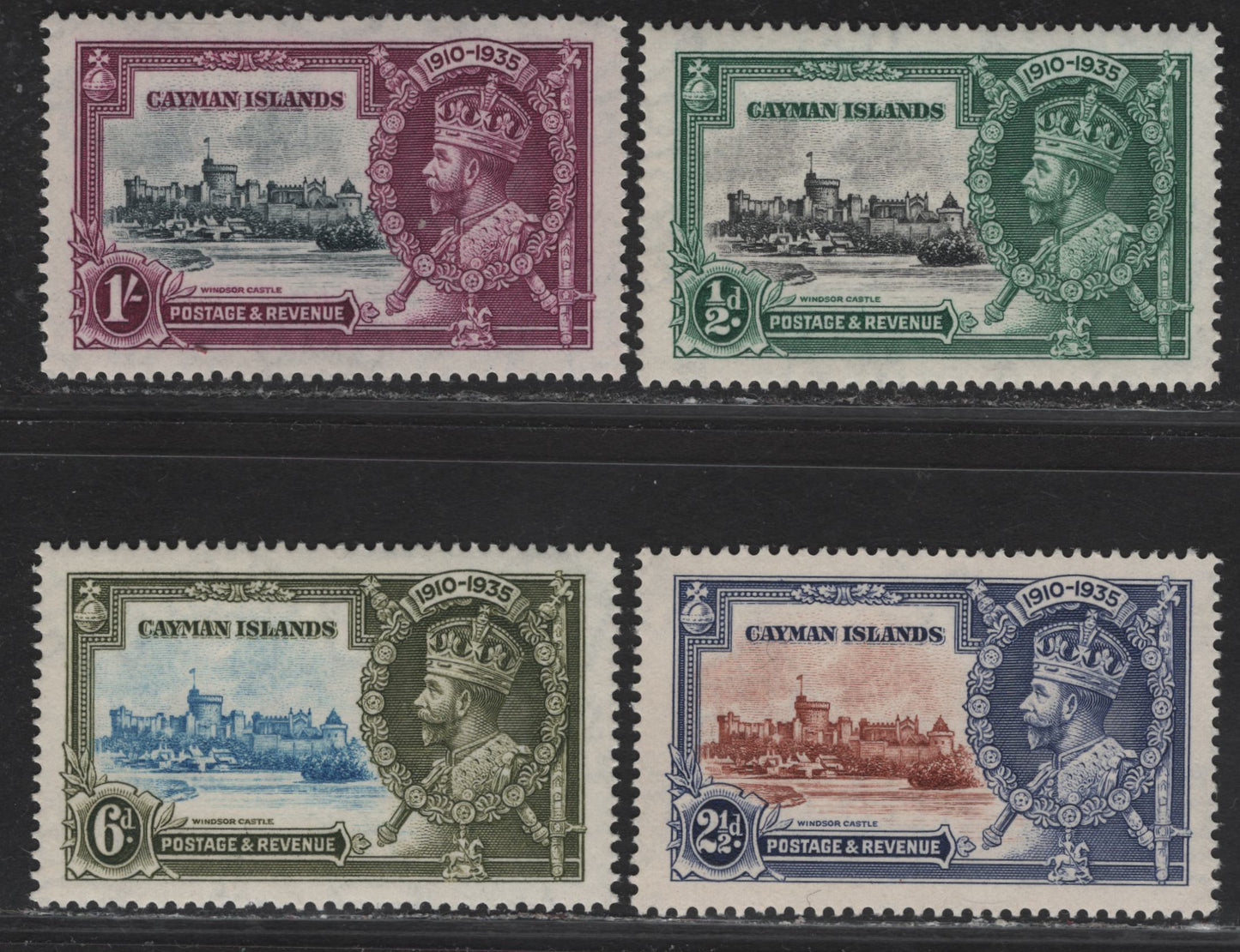 Lot 227 Cayman Islands SG#108-111 1/2d - 1/- Black & Myrtle Green - Slate & Bright Purple KGV & Windsor Castle, 1935 Silver Jubilee Issue, 4 VFNH Singles, Basic NH Set, Well Centered