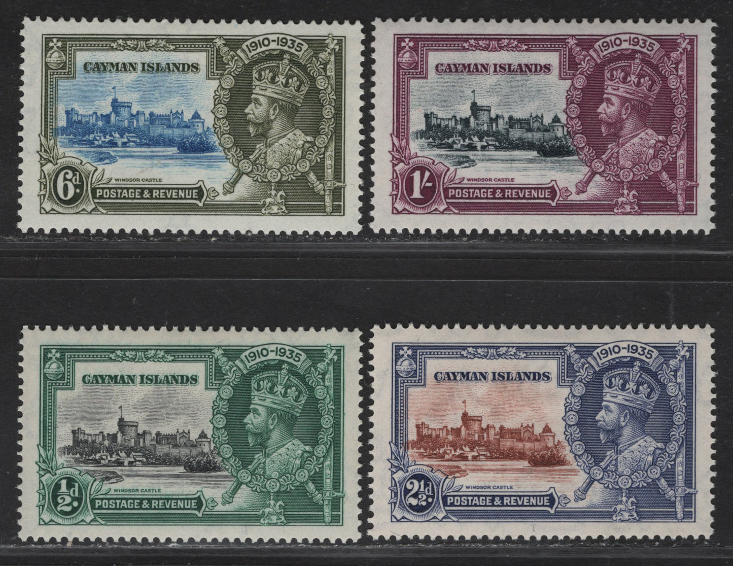 Lot 228 Cayman Islands SG#108-111 1/2d - 1/- Black & Myrtle Green - Slate & Bright Purple KGV & Windsor Castle, 1935 Silver Jubilee Issue, 4 VFOG Singles, Basic Hinged Set