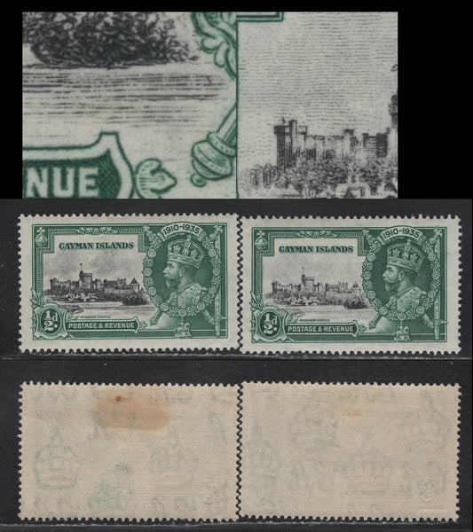 Lot 229 Cayman Islands SG#108var 1/2d Black/Pale Black & Myrtle Green KGV & Windsor Castle, 1935 Silver Jubilee Issue, 2 VFOG Singles, Bird Over Brunswick Tower & Diagonal Log In Water To LR of Jacob's Meadow