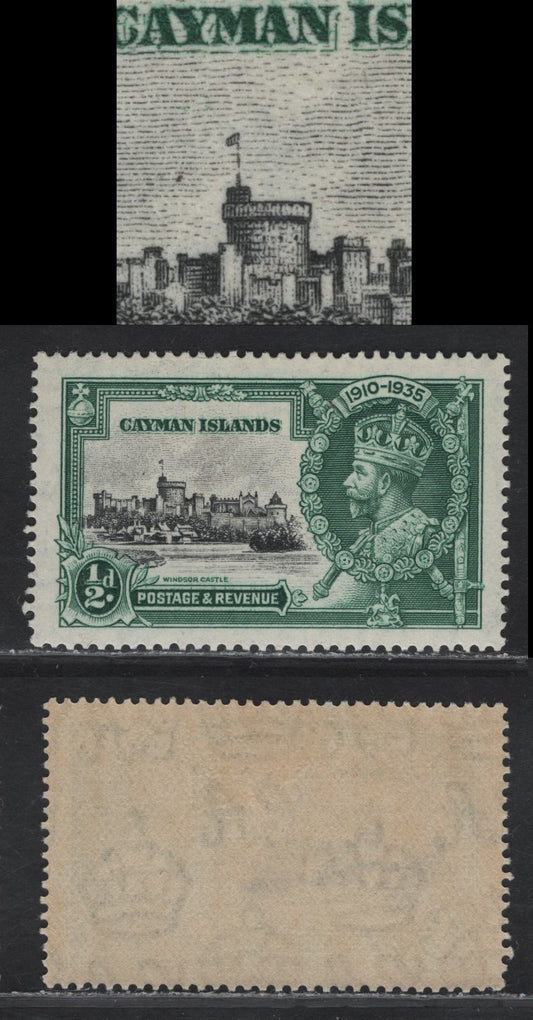 Lot 230 Cayman Islands SG#108var 1/2d Black & Myrtle Green KGV & Windsor Castle, 1935 Silver Jubilee Issue, A VFOG Single, Constant Broken Flagstaff, Broken In 2 Spots