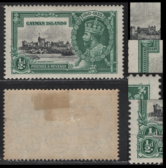 Lot 231 Cayman Islands SG#108var 1/2d Black & Myrtle Green KGV & Windsor Castle, 1935 Silver Jubilee Issue, A VFOG Single, Frame & Vignette Re-Entries