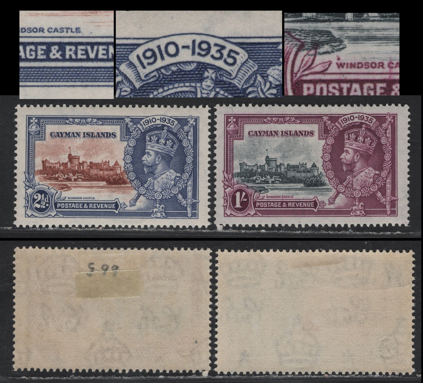 Lot 232 Cayman Islands SG#109var, 111var 2.5d - 1/- Red Brown & Chalky Blue - Slate & Bright Purple KGV & Windsor Castle, 1935 Silver Jubilee Issue, 2 VFOG Singles, Both Showing Possibly Constant Plate Flaws