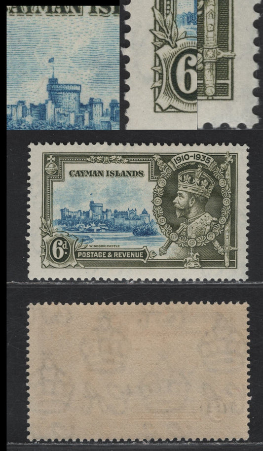 Lot 233 Cayman Islands SG#110var 6d Light Blue & Olive Green KGV & Windsor Castle, 1935 Silver Jubilee Issue, A VFOG Single, Most Stamps Appear to Have The Re-Entry & The Broken Flagstaff is Constant
