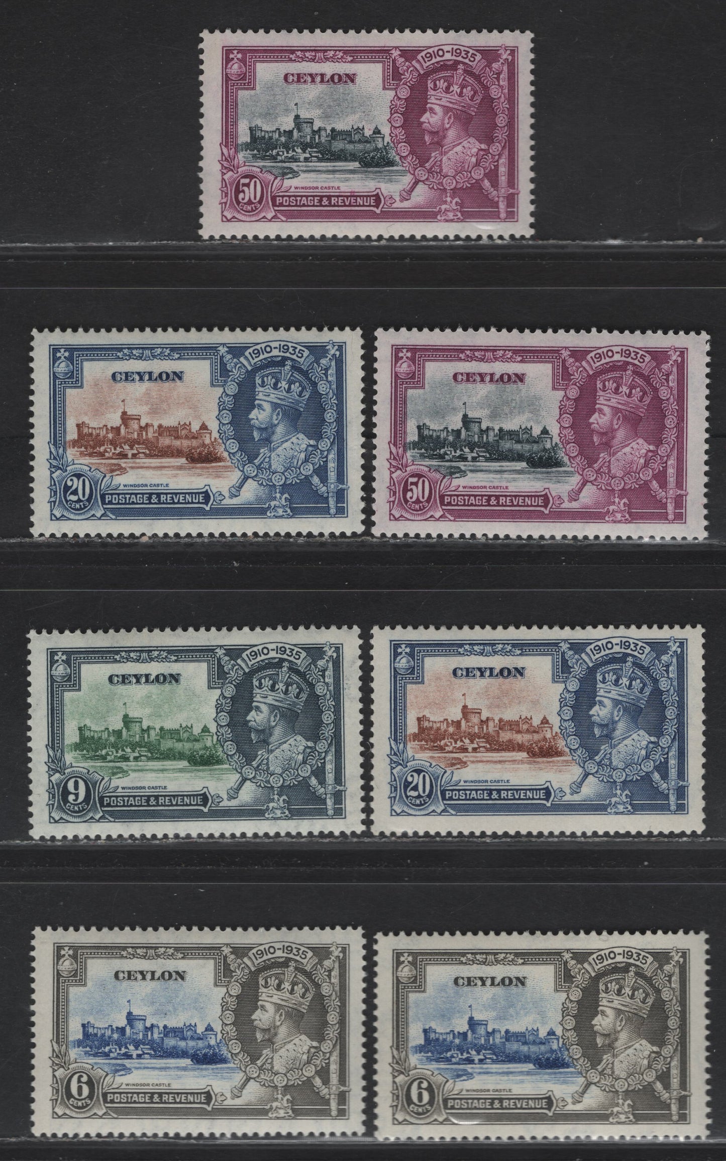 Lot 234 Ceylon SG#379-382 6c - 50c Ultramarine & Brownish Gray - Slate & Bright Purple KGV & Windsor Castle, 1935 Silver Jubilee Issue, 7 VFOG Singles, 2 Shades Of Most Values