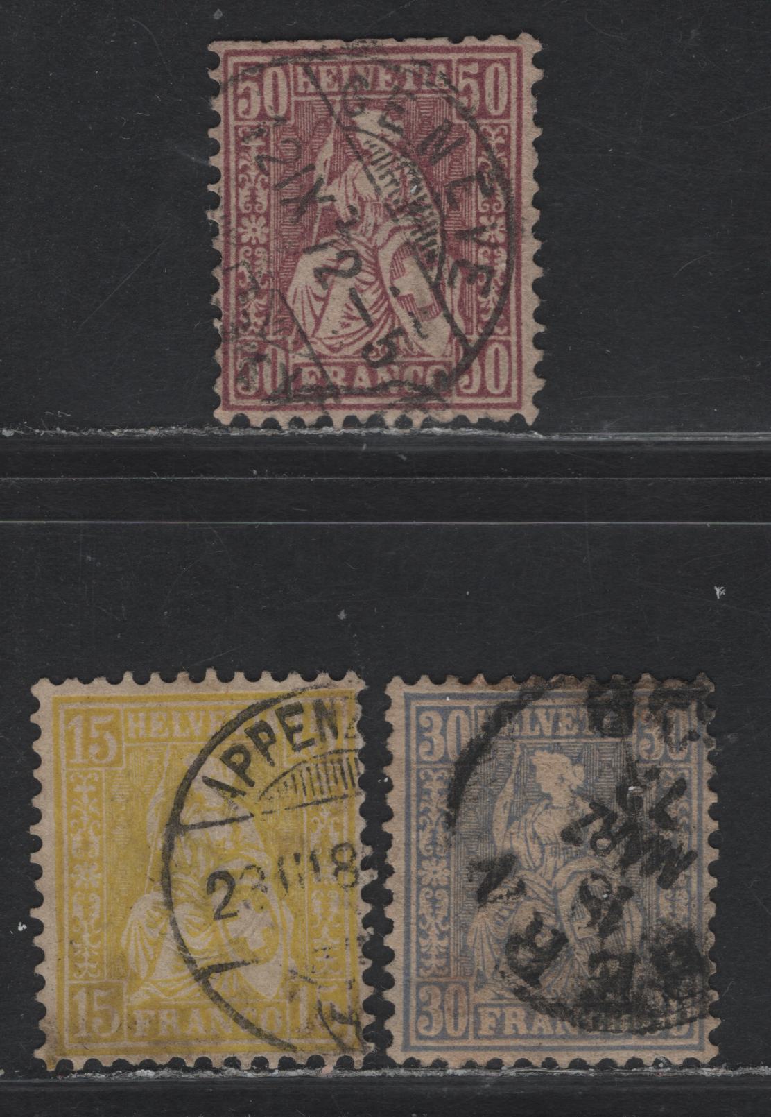 Lot 24 Switzerland SC#54, 56a, 59 15c - 50c lemon -Violet Seated Helvetia, 1867-1878 Seated Helvetia Issue, 3 Very Good Used Singles, All With Small Faults, But Presentable