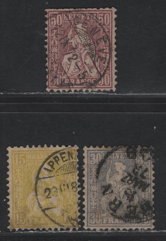 Lot 24 Switzerland SC#54, 56a, 59 15c - 50c lemon -Violet Seated Helvetia, 1867-1878 Seated Helvetia Issue, 3 Very Good Used Singles, All With Small Faults, But Presentable