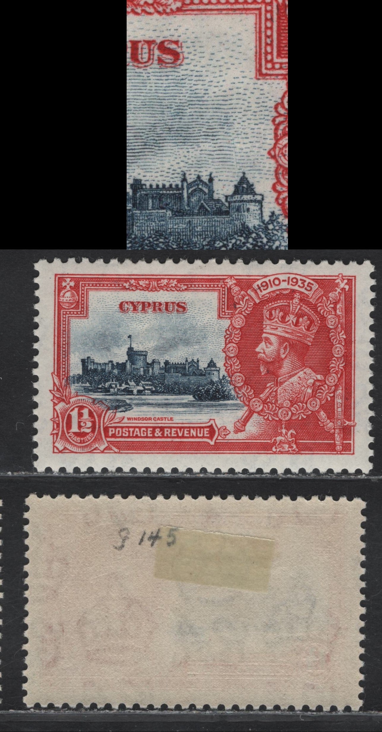 Lot 242 Ceylon SG#145var 1.5pi Deep Blue & Scarlet KGV & Windsor Castle, 1935 Silver Jubilee Issue, A VFOG Single, Showing Unlisted Diagonal Hairline Scratch In Sky Above Curfew Tower, Very Scarce
