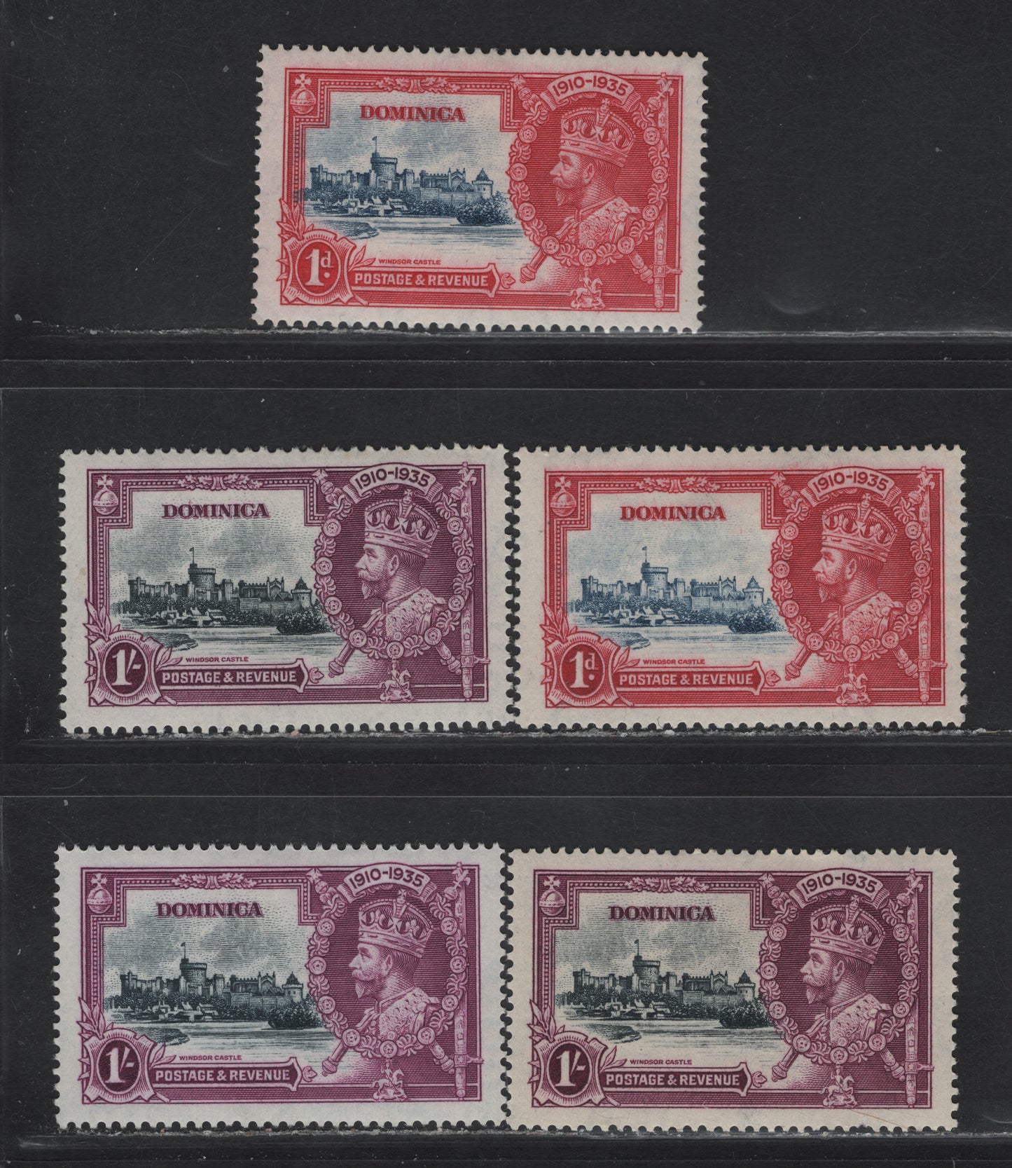 Lot 246 Dominica SG#92, 95 1d & 1/- Deep Blue & Carmine/Red - Slate & Bright Purple KGV & Windsor Castle, 1935 Silver Jubilee Issue, 5 VFOG Singles, Two & 3 Shades of the Frame & Vignette Plates