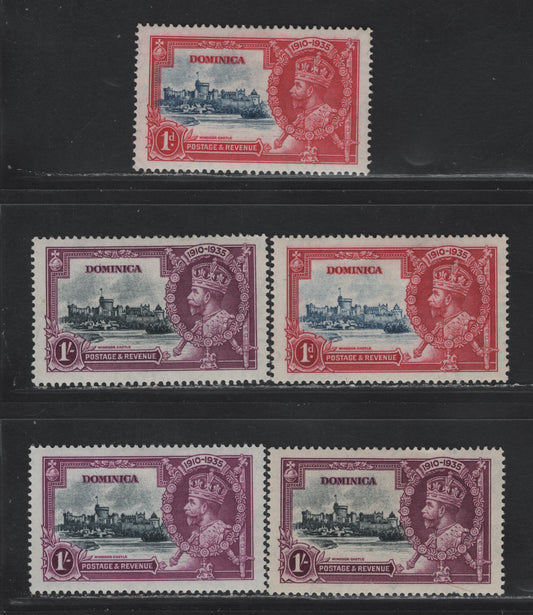 Lot 246 Dominica SG#92, 95 1d & 1/- Deep Blue & Carmine/Red - Slate & Bright Purple KGV & Windsor Castle, 1935 Silver Jubilee Issue, 5 VFOG Singles, Two & 3 Shades of the Frame & Vignette Plates