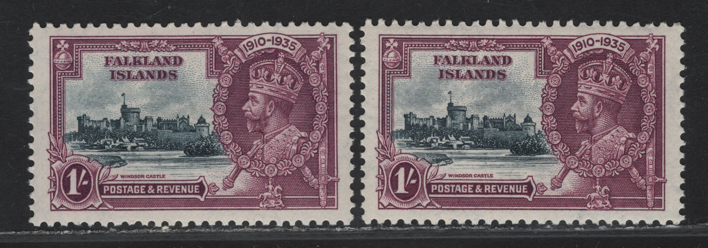 Lot 250 Falkland Islands SG#142 1/- Slate & Rose Purple - Bluish Slate & Rose Purple KGV & Windsor Castle, 1935 Silver Jubilee Issue, 2 VFNH Singles