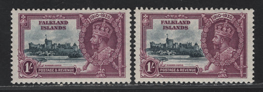 Lot 250 Falkland Islands SG#142 1/- Slate & Rose Purple - Bluish Slate & Rose Purple KGV & Windsor Castle, 1935 Silver Jubilee Issue, 2 VFNH Singles