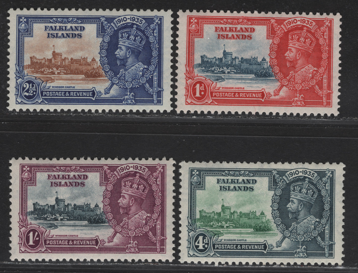 Lot 251 Falkland Islands SG#139-142 1d - 1/- Gray Blue & Scarlet - Slate & Rose Purple KGV & Windsor Castle, 1935 Silver Jubilee Issue, 4 VFNH Singles