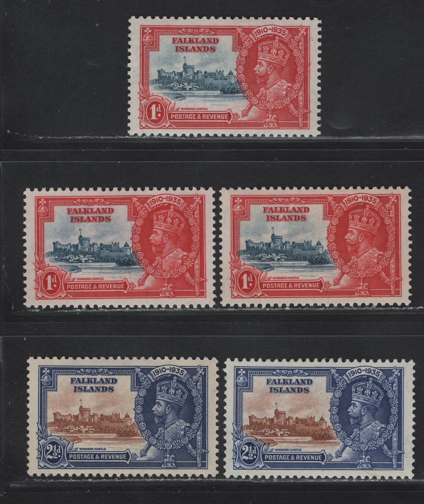 Lot 252 Falkland Islands SG#139-140 1d - 2.5d Deep Gray Blue & Scarlet - Chestnut Brown & Blue KGV & Windsor Castle, 1935 Silver Jubilee Issue, 5 VFOG Singles, Three Shades of 1d Vignette & Frame Plates, 2 Shades Of 2.5d
