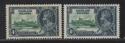 Lot 253 Falkland Islands SG#141 4d Green & Indigo KGV & Windsor Castle, 1935 Silver Jubilee Issue, 2 VFOG Singles, Two Shades Of Indigo In the Frame