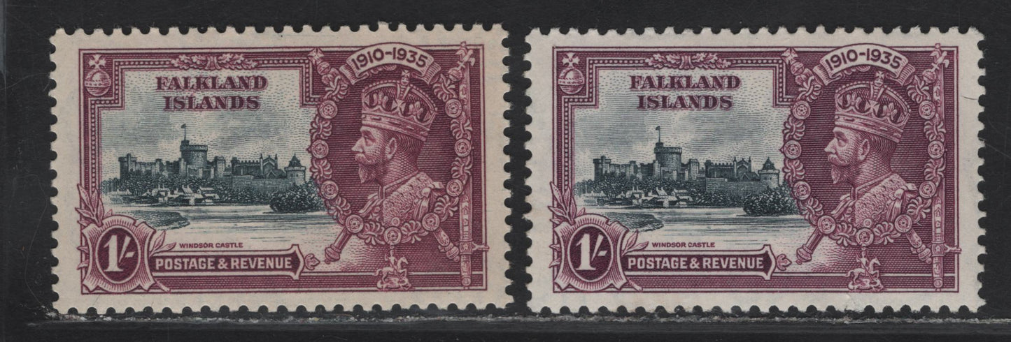 Lot 254 Falkland Islands SG#142 1/- Slate & Rose Plum/Rose Purple KGV & Windsor Castle, 1935 Silver Jubilee Issue, 2 VFOG Singles, Two Shades Of The Frame Plate