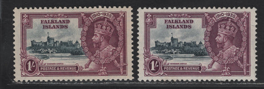 Lot 254 Falkland Islands SG#142 1/- Slate & Rose Plum/Rose Purple KGV & Windsor Castle, 1935 Silver Jubilee Issue, 2 VFOG Singles, Two Shades Of The Frame Plate