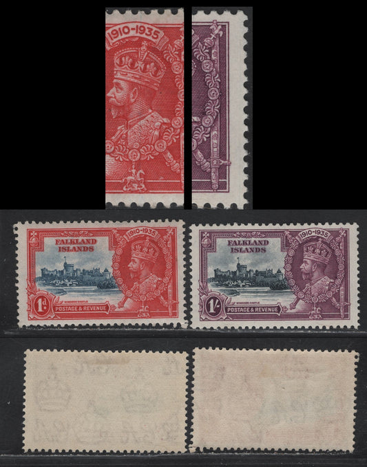 Lot 256 Falkland Islands SG#139var, 142var 1d & 1/- Deep Dull Blue & Scarlet - Slate & Rose Purple KGV & Windsor Castle, 1935 Silver Jubilee Issue, 2 VFOG Singles, Both Showing Hairline Plate Cracks Through Design, Scarcer Vignette Plate Cracks