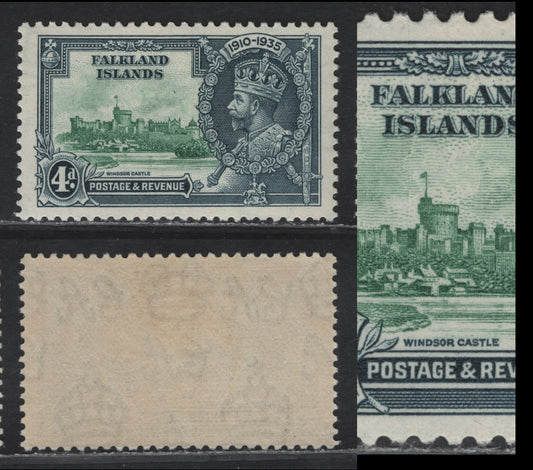 Lot 257 Falkland Islands SG#141var 4d Green & Indigo KGV & Windsor Castle, 1935 Silver Jubilee Issue, A VFOG Single, Hariline Vertical Vignette Plate Crack, Common to Bradbury Wilkinson Printings, But Usually Involved The Frame Plate.