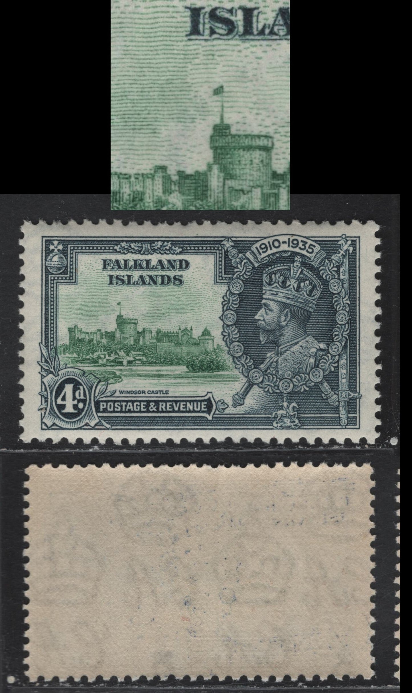 Lot 258 Falkland Islands SG#141var 4d Dull Green & Pale Indigo KGV & Windsor Castle, 1935 Silver Jubilee Issue, A VFNH Single