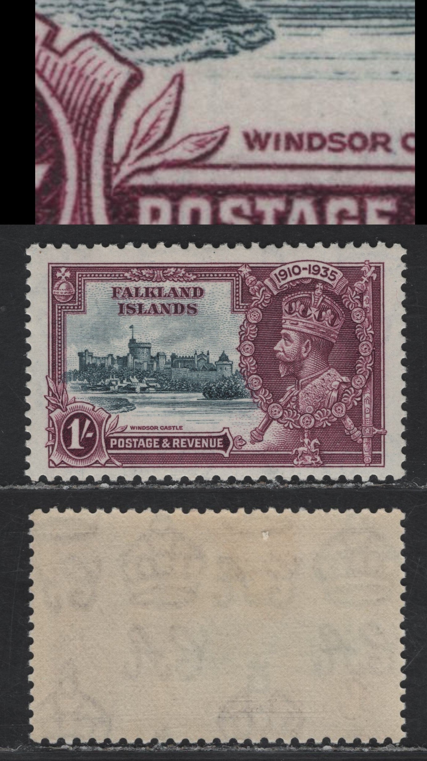Lot 260 Falkland Islands SG#142var 1/- Slate & Rose Purple KGV & Windsor Castle, 1935 Silver Jubilee Issue, A VFOG Single