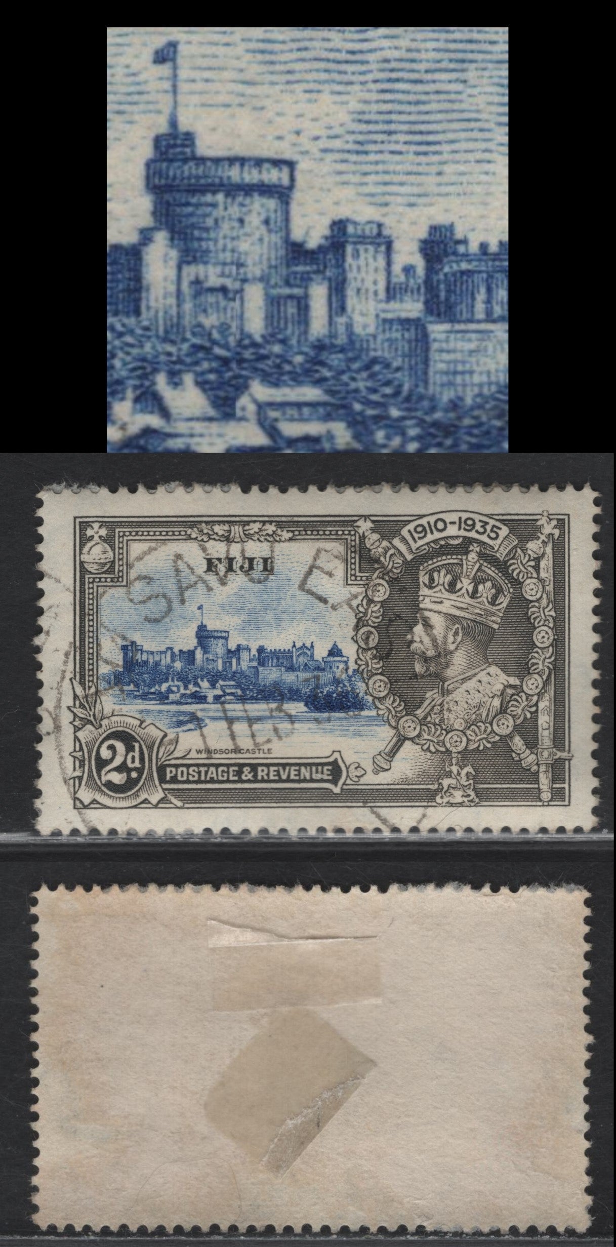 Lot 265 Fiji SG#243var 2d Ultramarine & Gray KGV & Windsor Castle, 1935 Silver Jubilee Issue, A Very Fine Used Single, Small Cannon Pointing NE Between Round & Wincester Towers, SON Sauu East Feb 1 1936 CDS