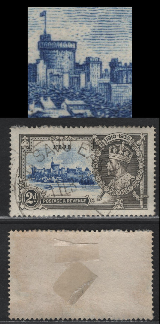 Lot 265 Fiji SG#243var 2d Ultramarine & Gray KGV & Windsor Castle, 1935 Silver Jubilee Issue, A Very Fine Used Single, Small Cannon Pointing NE Between Round & Wincester Towers, SON Sauu East Feb 1 1936 CDS
