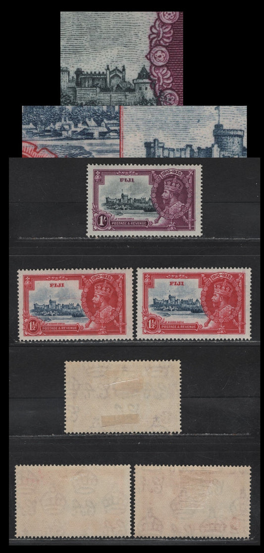 Lot 266 Fiji SG#242var, 245var 1d - 1/- Dull Blue & Carmine - Slate & Plum KGV & Windsor Castle, 1935 Silver Jubilee Issue, 3 VFOG Singles, Vignette Plate Varieties