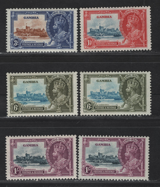 Lot 267 Gambia SG#143-146 1.5d - 1/- Dull Blue & Deep Scarlet - Slate & Rose Purple KGV & Windsor Castle, 1935 Silver Jubilee Issue, 6 VFNH Singles, Includes 2 Different Frame Plate Shades Of The 6d & 1/-