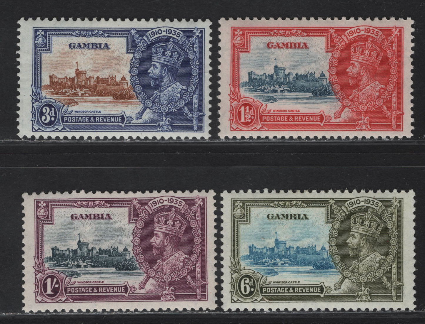 Lot 268 Gambia SG#143-146 1.5d - 1/- Deep Dull Blue & Scarlet - Slate & Plum KGV & Windsor Castle, 1935 Silver Jubilee Issue, 4 VFOG Singles, Basic Hinged Set