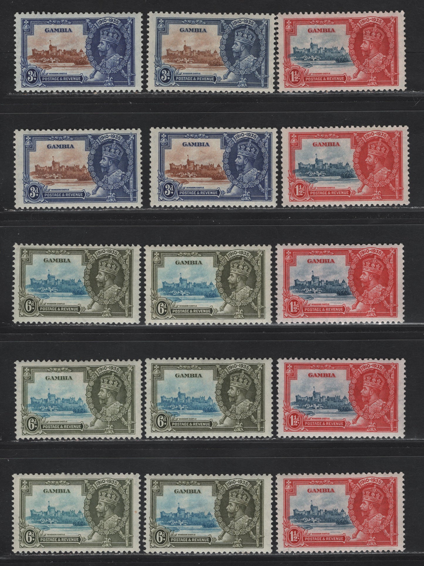 Lot 269 Gambia SG#143-145 1/2d - 6d Deep Dull Blue & Scarlet - Light Blue & Olive Green KGV & Windsor Castle, 1935 Silver Jubilee Issue, 15 VFOG Singles, Shade Low Showing Subtle Variations In Frame & Vignette Shades