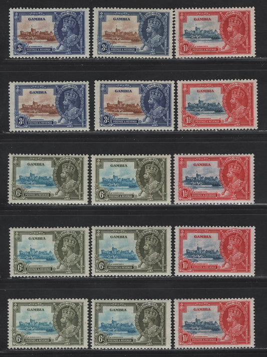 Lot 269 Gambia SG#143-145 1/2d - 6d Deep Dull Blue & Scarlet - Light Blue & Olive Green KGV & Windsor Castle, 1935 Silver Jubilee Issue, 15 VFOG Singles, Shade Low Showing Subtle Variations In Frame & Vignette Shades