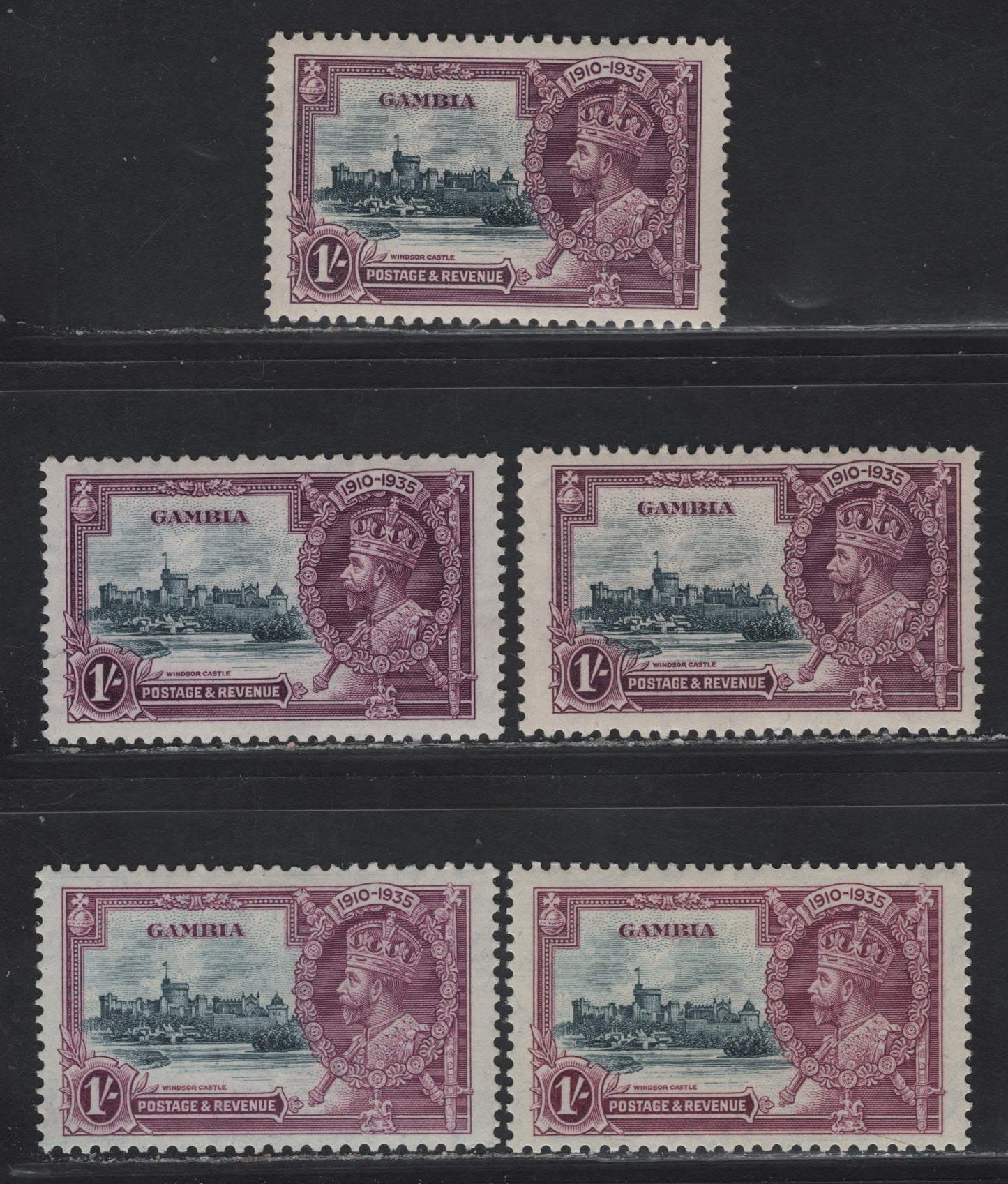 Lot 270 Gambia SG#146 1/- Slate & Purple/Light Purple KGV & Windsor Castle, 1935 Silver Jubilee Issue, 5 F/VFOG Singles, Shade Low Showing Subtle Variations In Frame & Vignette Plate Shades