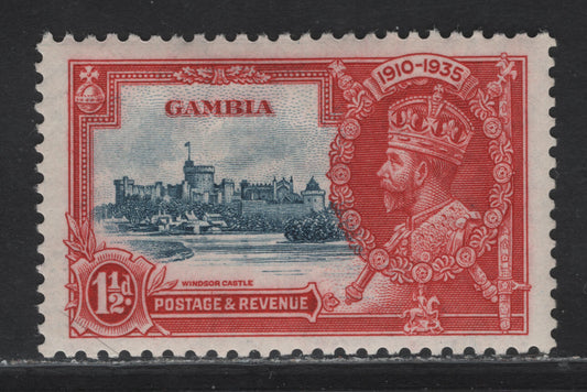 Lot 271 Gambia SG#143var 1.5d Gray Blue & Carmine Red KGV & Windsor Castle, 1935 Silver Jubilee Issue, A VFOG Single, Showing Vertical Line Between 'GE' of Postage